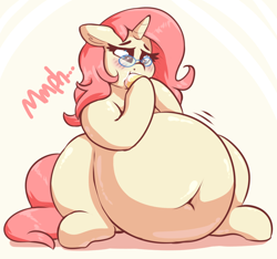 Size: 1872x1749 | Tagged: safe, artist:graphenescloset, imported from derpibooru, oc, oc only, oc:rose pendant, pony, unicorn, belly, blushing, donut, eating, fat, fat fetish, female, fetish, food, glasses, mare, stuffed