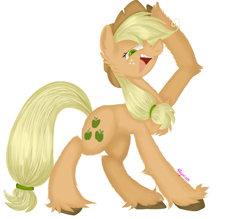 Size: 1349x1184 | Tagged: safe, artist:4agonism, imported from derpibooru, part of a set, applejack, mean applejack, earth pony, pony, the mean 6, applejack's hat, cheek fluff, chest fluff, clone, colored hooves, cowboy hat, ear fluff, elbow fluff, female, fluffy, freckles, full body, hat, hoof fluff, hoof on head, leg fluff, looking at you, mare, ponytail, raised hoof, simple background, smiling, solo, unshorn fetlocks, white background