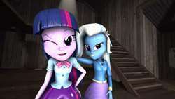 Size: 1080x607 | Tagged: safe, artist:majinfreecell, imported from derpibooru, trixie, twilight sparkle, human, equestria girls, 3d, duo, female, lesbian, shipping, source filmmaker, twixie