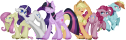 Size: 1830x583 | Tagged: safe, artist:4agonism, imported from derpibooru, part of a set, applejack, fluttershy, mean applejack, mean fluttershy, mean pinkie pie, mean rainbow dash, mean rarity, mean twilight sparkle, pinkie pie, rainbow dash, rarity, twilight sparkle, alicorn, earth pony, pegasus, pony, unicorn, the mean 6, applejack's hat, cheek fluff, chest fluff, clone, colored, colored hooves, cowboy hat, ear fluff, evil grin, fluffy, flying, freckles, full body, glare, grin, hat, hoof fluff, horn, leg fluff, looking at you, looking sideways, mane six, mean six, ponytail, raised hoof, shoulder fluff, simple background, smiling, spread wings, twilight sparkle (alicorn), unshorn fetlocks, white background, wings