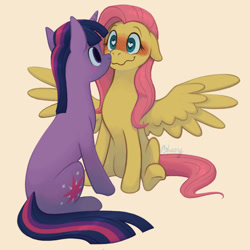 Size: 640x640 | Tagged: safe, artist:flightless-fox, imported from derpibooru, fluttershy, twilight sparkle, pegasus, pony, unicorn, beige background, blush sticker, blushing, boop, cute, duo, eye contact, female, floppy ears, heart, heart eyes, lesbian, looking at each other, looking at someone, mare, noseboop, shipping, simple background, sitting, slim, smiling, spread wings, three quarter view, twishy, unicorn twilight, wavy mouth, wingding eyes, wings