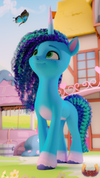 Size: 4320x7680 | Tagged: safe, artist:loveslove, imported from derpibooru, butterfly, pony, unicorn, 3d, absurd file size, absurd resolution, bucket, cute, female, flower, g5, looking at someone, mare, misty brightdawn, mistybetes, outdoors, smiling, solo, tail