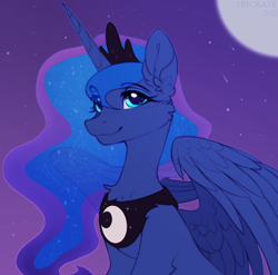 Size: 1296x1278 | Tagged: safe, artist:trickate, imported from derpibooru, princess luna, alicorn, pony, chest fluff, ear fluff, female, looking at you, mare, moon, smiling, smiling at you, solo