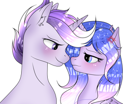Size: 2835x2388 | Tagged: safe, artist:existencecosmos188, imported from derpibooru, oc, oc:existence, alicorn, pony, alicorn oc, blushing, bust, female, horn, male, mare, oc x oc, shipping, simple background, stallion, straight, transparent background, wings