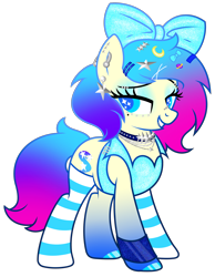 Size: 2106x2711 | Tagged: safe, artist:kb-gamerartist, artist:raini-bases, imported from derpibooru, oc, oc only, oc:starla, pony, unicorn, base used, bow, choker, clothes, ear piercing, earring, eyebrow piercing, eyeshadow, female, freckles, grin, hair bow, jacket, jewelry, leather, leather jacket, lip piercing, makeup, mare, multicolored hair, nose piercing, piercing, simple background, smiling, socks, solo, striped socks, transparent background, unshorn fetlocks, wristband