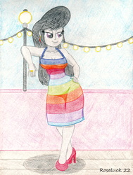 Size: 1450x1920 | Tagged: safe, artist:roseluck, imported from derpibooru, octavia melody, human, equestria girls, equestria girls series, spring breakdown, spoiler:eqg series (season 2), bare shoulders, breasts, busty octavia melody, cleavage, clothes, clothes swap, colored pencil drawing, cruise concert outfit, cruise outfit, cutie mark accessory, cutie mark earrings, dress, ear piercing, earring, female, full body, hand on hip, high heels, implied dashtavia, jewelry, lamp, leaning, lidded eyes, outdoors, piercing, raised arm, ring, shading, shoes, sleeveless, sleeveless dress, smiling, solo, standing, traditional art, wedding ring, wide hips, yacht