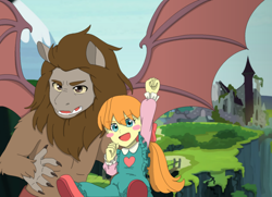 Size: 1396x1009 | Tagged: safe, artist:fantasygerard2000, edit, imported from twibooru, megan williams, scorpan, gargoyle, human, equestria girls, equestria girls series, blush sticker, blushing, bow, bridle, building, bush, carrying, castle, castle of the royal pony sisters, clenched fist, cliff, clothes, cute, day, diaper, diaper edit, diaper fetish, diaper under clothes, duo, eyebrows, eyelashes, female, fetish, fist in the air, fist pump, g1, g1 to equestria girls, g1 to g4, g4, generation leap, grass, grass field, happy, image, male, mountain, open eyes, open mouth, outdoors, overalls, pants, png, ponytail, ruins, shirt, shoes, sky, snow, spread wings, story in the source, tack, teeth, tree, underwear, underwear edit, underwear swap, wall of tags, wings