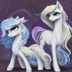 Size: 832x832 | Tagged: safe, imported from ponybooru, oc, oc only, earth pony, pony, ai generated, duo, female, machine learning generated, mare, night, night sky, pony diffusion, sky, stable diffusion, white pony