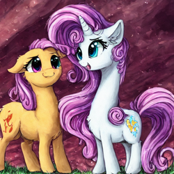 Size: 832x832 | Tagged: safe, imported from ponybooru, earth pony, pony, unicorn, :3, ai generated, duo, female, grass, long neck, machine learning generated, mare, pony diffusion, stable diffusion, white pony, yellow pony