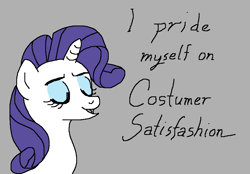 Size: 922x641 | Tagged: safe, imported from ponybooru, rarity, pony, unicorn, eyes closed, female, gray background, mare, open mouth, open smile, pun, simple background, smiling, solo, text