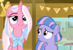 Size: 800x554 | Tagged: safe, imported from derpibooru, screencap, clear sky, wind sprint, pegasus, pony, unicorn, common ground, angry, animated, confused, duo, duo female, female, filly, foal, freckles, gif, glare, mare, mother and child, mother and daughter, museum, talking, unamused, wind sprint is not amused
