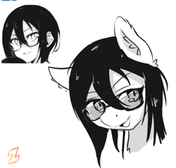 Size: 675x645 | Tagged: safe, artist:zebra, pony, anime, black hair, bust, glasses, monochrome, open mouth, ponified, portrait, sketch, solo