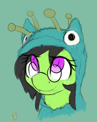 Size: 588x737 | Tagged: safe, artist:zebra, oc, oc only, oc:filly anon, bust, clothes, female, filly, freckles, glasses, green background, hoodie, looking up, portrait, simple background, solo