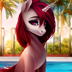 Size: 1024x1024 | Tagged: safe, imported from ponybooru, oc, oc:full send, oc:stanton haines, unicorn, looking at you, machine learning generated, male, purplesmart.ai, smiling, swimming pool