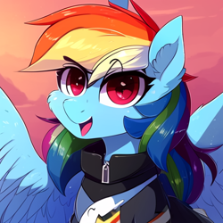 Size: 512x512 | Tagged: safe, imported from derpibooru, rainbow dash, pegasus, pony, clothes, ear fluff, female, jacket, looking at you, machine learning generated, mare, solo, wings
