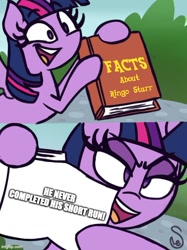 Size: 500x667 | Tagged: safe, artist:quarium, editor:thomas me irl, twilight sparkle, alicorn, pony, book, caption, ed edd n eddy, exploitable meme, facts, female, image macro, imgflip, meme, ringo starr, solo, text, thomas and friends, thomas the tank engine, thomas the tank engine and friends, twilight sparkle (alicorn), twilight's fact book