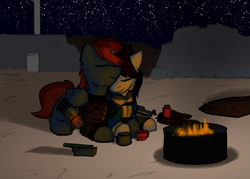 Size: 3500x2500 | Tagged: safe, artist:captainhoers, artist:stormwing, imported from derpibooru, oc, oc only, oc:chip, oc:firewire, pegasus, pony, unicorn, fallout equestria, campfire, clothes, cute, duo, enclave, enclave uniform, gun, jumpsuit, lying down, night, oc x oc, ruins, shipping, snuggling, stars, uniform, vault suit, weapon