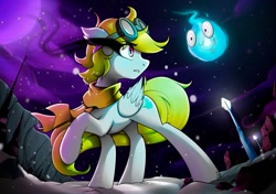 Size: 1280x901 | Tagged: safe, artist:ill_yumi, imported from derpibooru, oc, oc only, oc:thorn darkness, pegasus, pony, complex background, moon, night, snow, solo