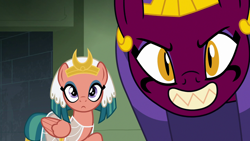 Size: 1280x720 | Tagged: safe, imported from derpibooru, screencap, somnambula, sphinx (character), pegasus, pony, sphinx, daring done?, cute, duo, egyptian, egyptian pony, evil grin, female, grin, looking at you, mare, smiling, somnambetes, sphinxdorable, teeth