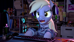 Size: 3840x2160 | Tagged: safe, artist:owlpirate, imported from derpibooru, derpy hooves, pegasus, pony, 3d, 4k, angry, clothes, computer, gamer, headphones, high res, hoodie, keyboard, monster energy, open mouth, solo, source filmmaker