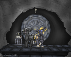 Size: 1280x1024 | Tagged: safe, artist:lil_vampirecj, imported from derpibooru, oc, oc only, oc:thunderstorm, bat pony, pegasus, pony, fallout equestria, commission, ears back, fallout, floppy ears, looking at each other, looking at someone, scene, vault 101, ych result, your character here