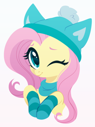 Size: 2248x3000 | Tagged: safe, artist:belka-sempai, imported from derpibooru, fluttershy, pony, adorable face, clothes, cute, daaaaaaaaaaaw, hat, looking at you, one eye closed, shyabetes, simple background, smiling, socks, solo, striped socks, weapons-grade cute, white background, wink, winter hat