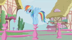 Size: 520x293 | Tagged: safe, imported from derpibooru, screencap, rainbow dash, pegasus, pony, applebuck season, season 1, animated, female, frown, gif, hoof tapping, impatient, mare, ponyville, solo, spread wings, wings