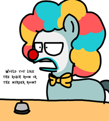 Size: 1275x1414 | Tagged: safe, artist:professorventurer, imported from derpibooru, earth pony, pony, bell, clown, clown makeup, clown motel, clown nose, clown wig, g5, male, meme, neck bow, red nose, rufus, simple background, stallion