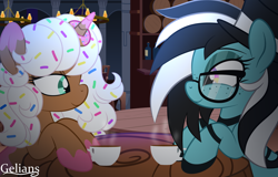 Size: 5586x3586 | Tagged: safe, artist:gelians, imported from derpibooru, oc, oc only, oc:donut daydream, oc:purapoint, earth pony, pony, unicorn, cafe, earth pony oc, friends, glasses, hat, horn, multicolored eyes, stripes, top hat, unicorn oc