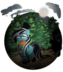 Size: 1355x1560 | Tagged: safe, artist:inkp0ne, imported from derpibooru, oc, oc only, oc:purapoint, earth pony, pony, bag, candy, candy bag, clothes, costume, earth pony oc, fake scars, food, forest, glasses, halloween, halloween costume, hat, holiday, long tail, monster, moon, multicolored eyes, pumpkin bucket, simple background, stripes, tail, top hat, transparent background