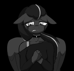 Size: 2071x1973 | Tagged: safe, artist:luxsimx, imported from derpibooru, oc, oc only, oc:arkessa, anthro, pegasus, black background, clothes, crying, floppy ears, lip piercing, monochrome, piercing, sad, simple background, snake bites, solo