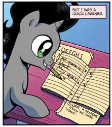 Size: 750x849 | Tagged: safe, artist:brendahickey, idw, imported from derpibooru, king sombra, pony, unicorn, fiendship is magic, spoiler:comic, colt, colt sombra, cute, foal, g4, hnnng, male, monologue, notebook, official comic, pencil, solo, sombradorable, talking, writing, younger