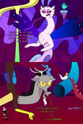 Size: 960x1440 | Tagged: safe, artist:dolphboi, imported from derpibooru, discord, oc, oc:symphony (draconequus), draconequus, cameo, comic, crossover, discord being discord, dr. bob (soda), duo, female, flying, male, mixed media, open mouth, roy gribbleston, short comic, siblings, starry wings, surreal, talking, the discord zone, wings