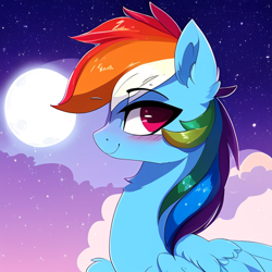 Size: 512x512 | Tagged: safe, imported from derpibooru, rainbow dash, pegasus, pony, ai content, ai generated, blushing, cloud, ear fluff, eyebrows, eyebrows visible through hair, female, full moon, generator:stable diffusion, looking at you, mare, moon, smiling, solo, wings