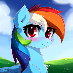 Size: 512x512 | Tagged: safe, imported from derpibooru, rainbow dash, pegasus, pony, ai content, ai generated, blushing, chest fluff, ear fluff, female, generator:stable diffusion, looking at you, mare, solo, wavy mouth, wings