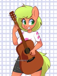 Size: 1800x2400 | Tagged: safe, artist:handgunboi, imported from derpibooru, oc, anthro, earth pony, clothes, commission, cute, female, grin, guitar, guitar pick, mare, musical instrument, ocbetes, skirt, smiling, solo