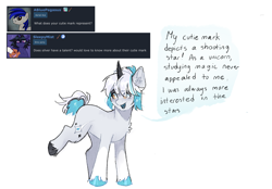 Size: 2360x1640 | Tagged: safe, artist:itssilver, imported from derpibooru, oc, oc:silver, pony, unicorn, ask, cutie mark, eye clipping through hair, eyebrows, eyebrows visible through hair, lifted leg, simple background, speech bubble, unshorn fetlocks, white background