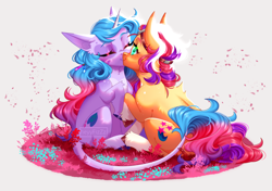 Size: 3500x2462 | Tagged: safe, artist:ohhoneybee, imported from derpibooru, izzy moonbow, sunny starscout, earth pony, pony, unicorn, duo, female, g5, izzyscout, kissing, leonine tail, lesbian, mare, nuzzling, shipping, smiling, tail
