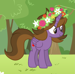 Size: 1087x1070 | Tagged: safe, artist:boneswolbach, artist:princesslilybrush, imported from derpibooru, oc, oc only, oc:princess noi kincade, alicorn, pony, alicorn oc, base used, female, floral head wreath, flower, horn, mare, nature, smiling, solo, wings