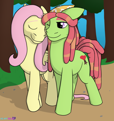 Size: 1650x1746 | Tagged: safe, artist:passionpanther, imported from derpibooru, fluttershy, tree hugger, earth pony, pegasus, cheek to cheek, couple, duo, duo female, eyes closed, female, flutterhugger, forest, lesbian, nature, one eye closed, shipping, smiling, trotting