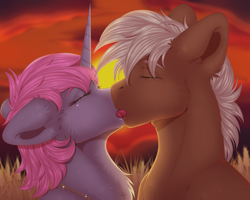 Size: 5315x4252 | Tagged: safe, artist:creed larsen, imported from derpibooru, oc, pony, unicorn, commission, eyes closed, female, french kiss, kissing, male, oc x oc, romantic, shipping, straight, sunset
