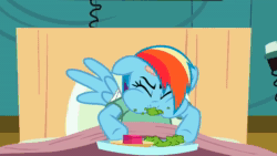 Size: 1280x720 | Tagged: safe, imported from derpibooru, screencap, applejack, pinkie pie, rainbow dash, rarity, earth pony, pegasus, pony, unicorn, read it and weep, season 2, animated, disgusted, eating, herbivore, messy eating, nom, sound, webm