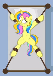 Size: 1536x2166 | Tagged: safe, artist:equestria secret guard, imported from derpibooru, oc, oc:lemon, pony, unicorn, armpits, bed, belly button, bondage, featureless crotch, female, helpless, horn, horn ring, magic suppression, mare, on bed, ring, rope, rope bondage, sexy, solo, spread eagle, tied to bed, tied up, unicorn oc
