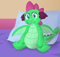 Size: 2800x2630 | Tagged: safe, artist:sweetielover, imported from derpibooru, oc, oc only, oc:goldigony, dragon, bed, cuddly, cute, dragoness, female, high res, huggable, pillow, plushie, sitting, solo, spread wings, wings