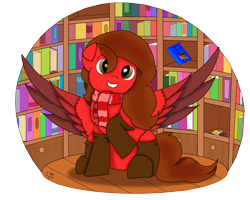 Size: 1500x1200 | Tagged: safe, artist:schumette14, imported from derpibooru, oc, oc only, oc:apple chocolate, pegasus, book, bookshelf, clothes, commission, library, scarf, simple background, socks, solo, striped scarf, transparent background