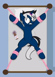 Size: 1536x2166 | Tagged: safe, artist:equestria secret guard, imported from derpibooru, oc, oc only, oc:dark galaxy, pony, unicorn, armpits, bed, belly button, bondage, featureless crotch, gender swap potion, horn, horn ring, magic suppression, male, on bed, ring, rope, rope bondage, rule 63, sexy, solo, spread eagle, stallion, tied to bed, tied up, transformation, transgender transformation, unicorn oc