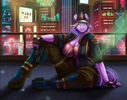 Size: 1230x969 | Tagged: safe, artist:mdwines, imported from derpibooru, oc, oc:ripy, anthro, unguligrade anthro, unicorn, big breasts, breasts, city, cityscape, cleavage, clothes, cyberpunk, ear piercing, fingerless gloves, gloves, gun, handgun, hat, horn, huge breasts, jacket, lidded eyes, lips, looking at you, piercing, smiling, solo, unicorn oc