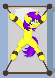 Size: 1536x2166 | Tagged: safe, artist:equestria secret guard, imported from derpibooru, oc, oc only, oc:清明上坟图, pony, unicorn, armpits, bed, belly button, bondage, featureless crotch, helpless, horn, horn ring, magic suppression, on bed, ring, rope, rope bondage, sexy, solo, spread eagle, tied to bed, tied up, unicorn oc