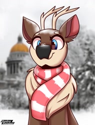 Size: 1200x1575 | Tagged: safe, artist:shadowreindeer, imported from derpibooru, oc, oc only, oc:kevin reindeer, deer, clothes, deer oc, non-pony oc, russia, scarf, solo, striped scarf, winter