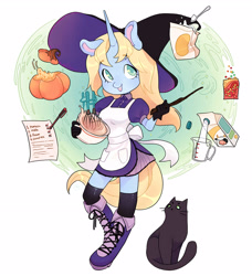 Size: 2693x2959 | Tagged: safe, artist:pandachenn, imported from derpibooru, oc, anthro, cat, pony, unicorn, apron, clothes, pumpkin, solo, witch